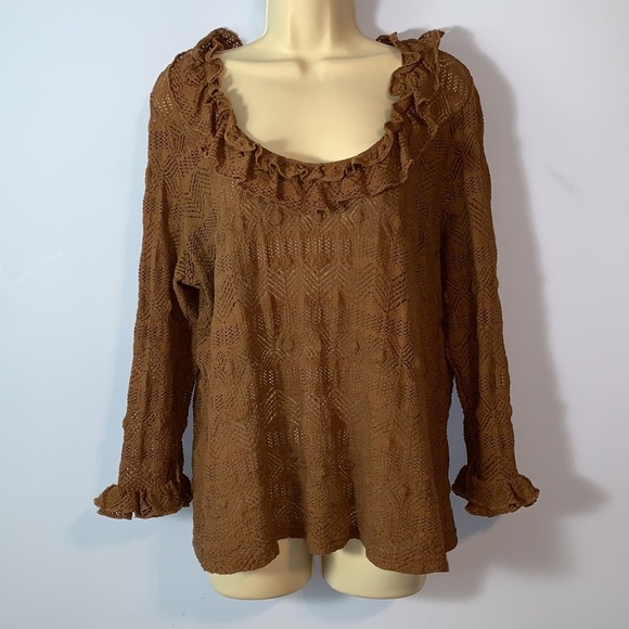Oscar by Oscar De Larenta Brown Lace mesh Top blouse scoop neck ruffle trim XL - Picture 2 of 8